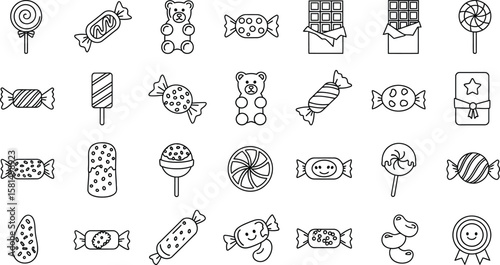 Vector art of a delightful collection of candy and chocolate icons, perfect for sweet treats and confectionery designs isolated on white background