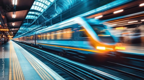 A high-speed train traveling through a modern train station with blue and orange lights.