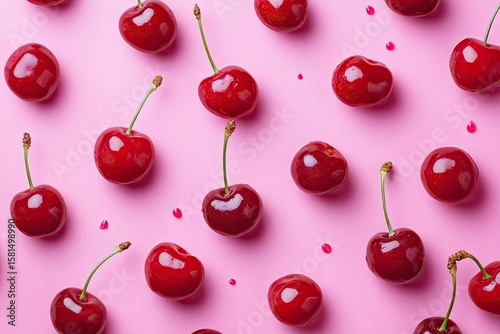 Fresh cherries arranged in a pattern on a pink background.  Small pink dots scattered throughout