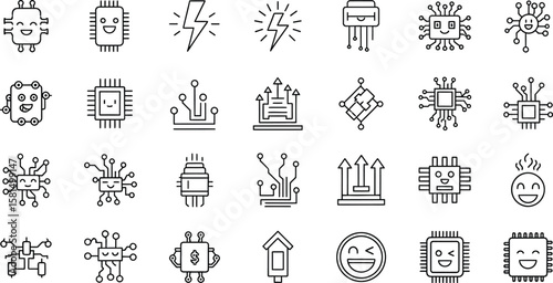 Vector art of a collection of detailed microchip icons isolated on white background, representing the core of modern technology and electronic innovation
