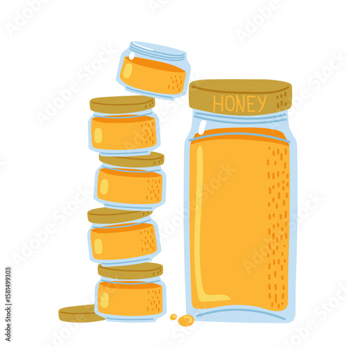 Honey jars stacked beside a larger jar depicting a fresh and organic natural sweetener