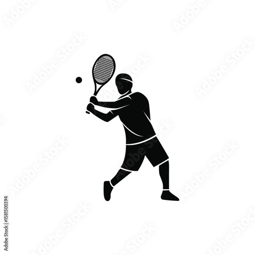 A black silhouette icon of a male tennis player in motion, hitting the ball with a racket, illustrating a dynamic shot.