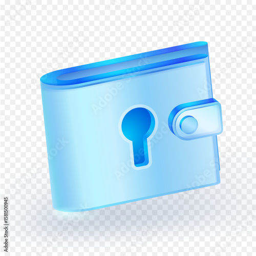 3D blue glass wallet icon featuring a keyhole, symbolizing secure digital payments, financial protection, and encrypted transactions. Ideal for fintech and online security. Vector illustration.