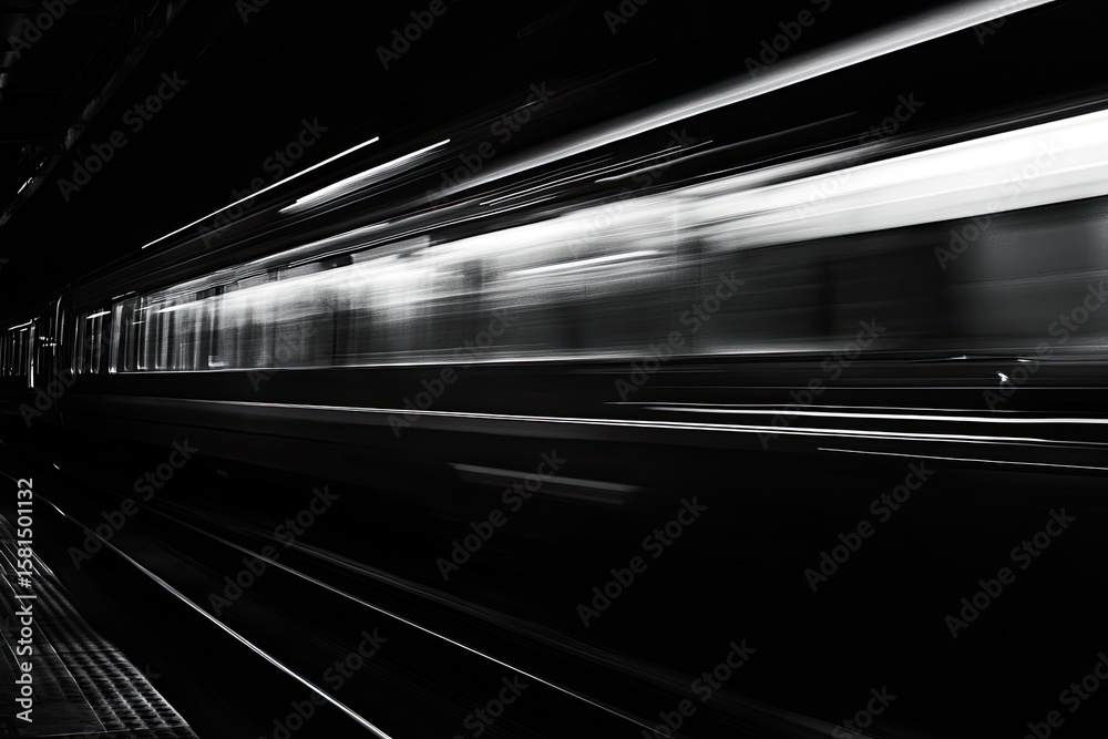 Fototapeta premium A grayscale shot of a speeding train. Motion blur creates streaks of light