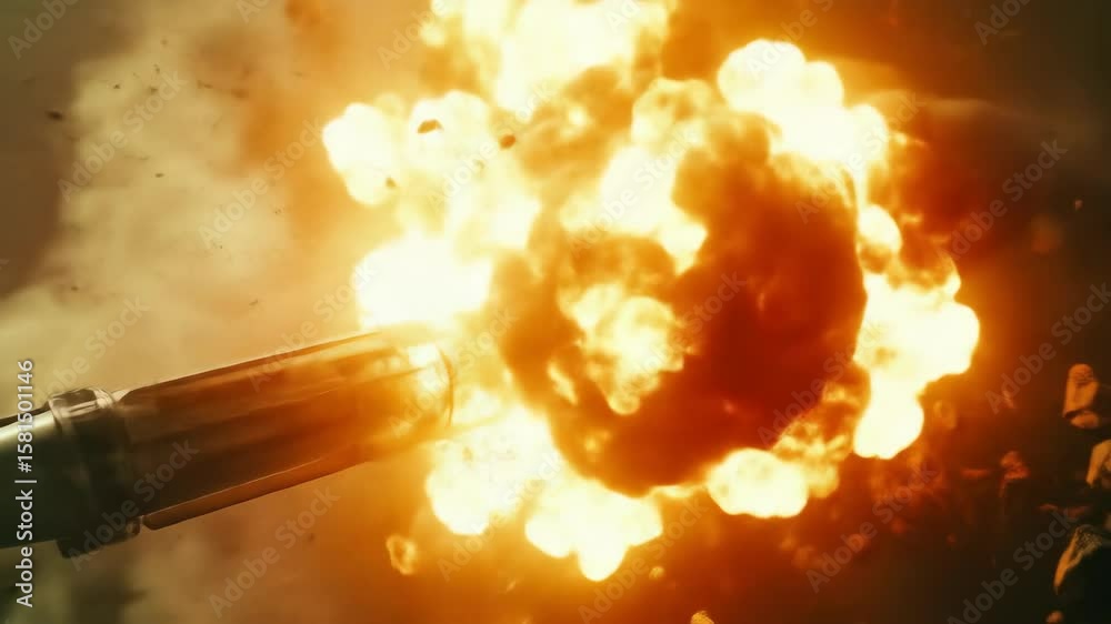 Spacecraft flies through an explosion in space, near asteroids