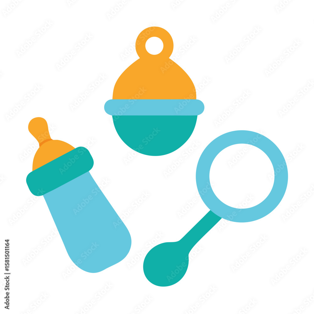 Fototapeta premium Flat Vector Baby Items Set Bottle Pacifier Rattle