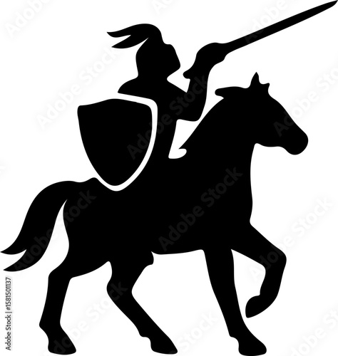 Silhouette of a cavalry warrior raising a sword while riding fast. Ideal for themes of bravery, combat, and strength