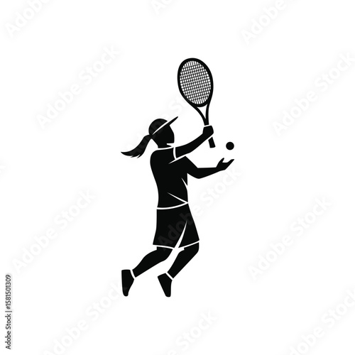 A black silhouette icon of a female tennis player in motion, serving the ball, illustrating a key action in the game.