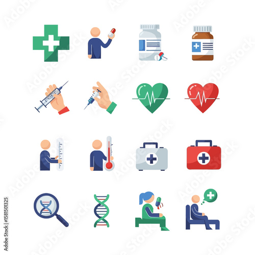 Collection of medical icons featuring pills, injections, a heart, a first aid kit, and other healthcare related symbols.