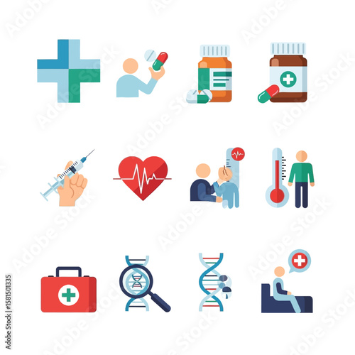 Collection of medical icons representing healthcare, treatment, and well-being.