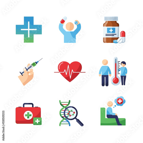 A collection of colorful medical icons, depicting various healthcare elements like medication, injections, and patient care.