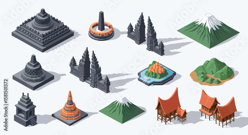 Isometric illustrations of Indonesian landmarks, temples, and volcanic landscapes.