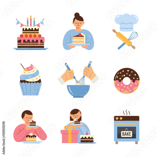 A delightful collection of baking-themed illustrations, showcasing cake, cupcakes, donuts, and the baking process.