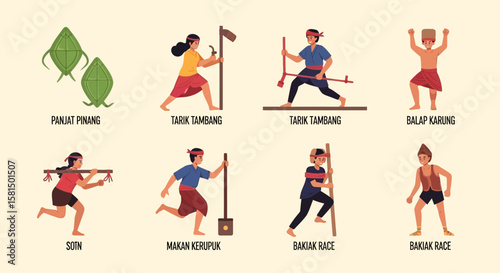 Illustration depicting various traditional Indonesian games and competitions, including Panjat Pinang, Tarik Tambang, Balap Karung, Egrang, Makan Kerupuk, and Balap Karung.