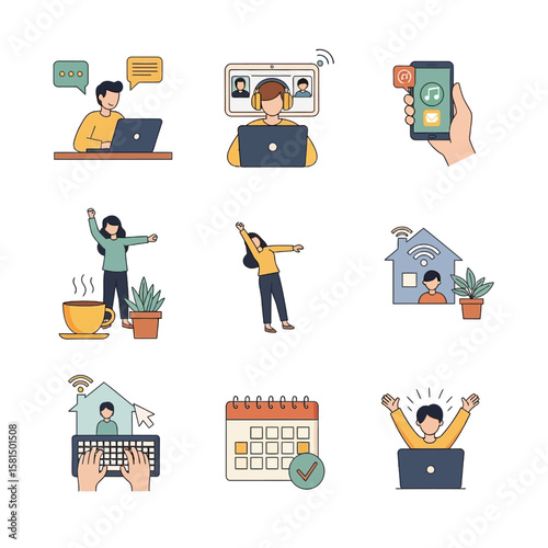 A collection of simple illustrations depicting various aspects of remote work and home life.