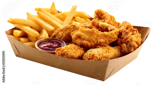 Fototapeta na wymiar Crispy golden-brown fried chicken pieces seasoned with Southern spices on a white background ready to be served