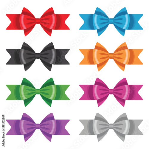 Collection of eight colorful ribbon bows in a grid layout on white background