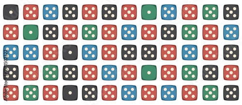 Seamless pattern of colorful dice with white dots on a white background