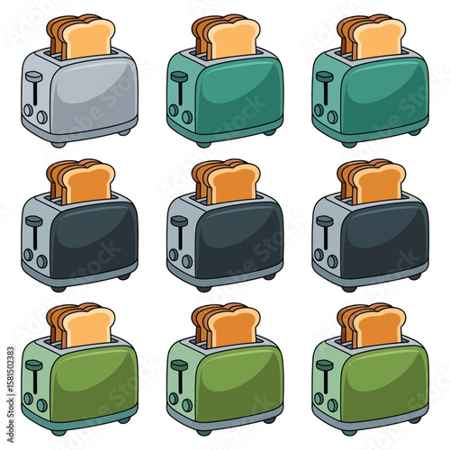 Collection of nine cartoon toasters with toasted bread slices in various colors