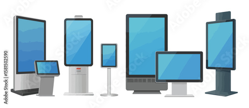 Collection of modern digital display screens and kiosks with blue screens