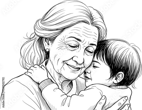 A touching black and white line art drawing of a grandmother tenderly hugging her grandchild.