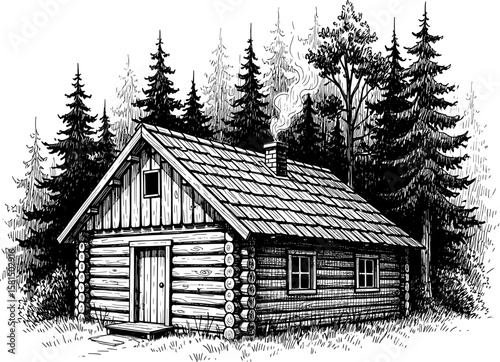 A detailed black and white line art drawing of a rustic log cabin nestled in a dense pine forest.