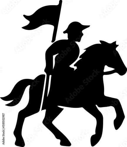Silhouette of heroic rider waving a flag on horseback, symbolizing motion, unity, and battlefield presence
