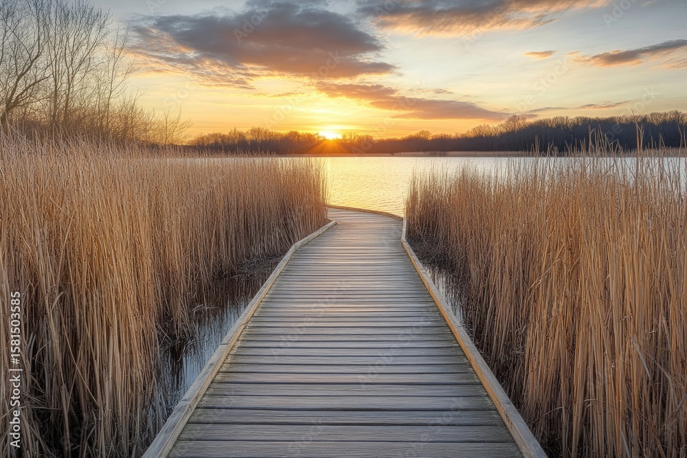 Naklejka premium Sunrise over a tranquil lake, with a wooden boardwalk leading through tall golden reeds