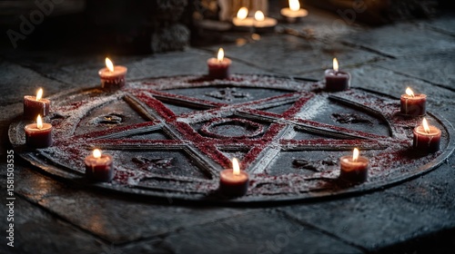 Pentagram Ritual Circle with Candles and Powder