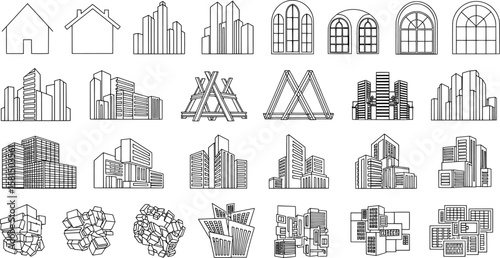 A collection of simple, black and white icons representing various city buildings.