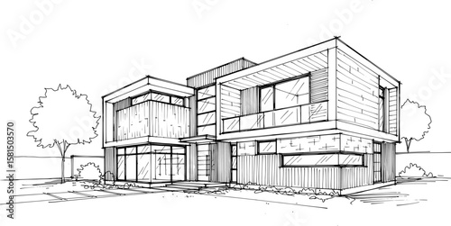 A hand-drawn sketch of a modern house with a simple architectural design.
