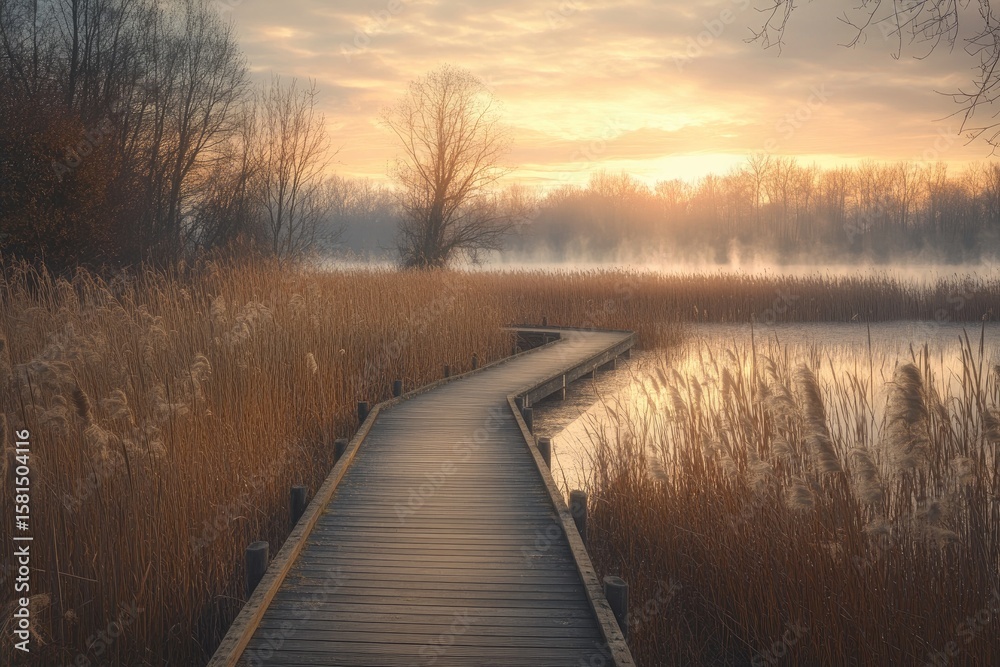 Naklejka premium Wooden boardwalk path leads through a misty autumnal marsh at sunrise