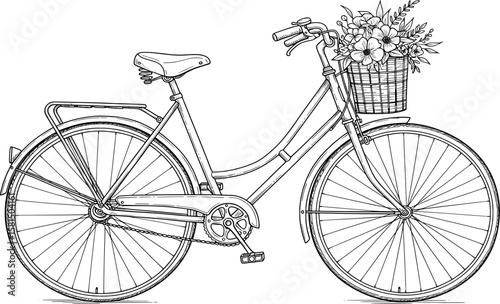 A classic, hand-drawn illustration of a vintage bicycle with a front basket full of beautiful flowers.