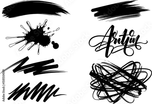 A collection of hand-drawn doodle icons representing scribbles, arrows, and abstract marks.