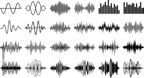 A collection of various black and white illustrations of sound waves and audio waveforms.