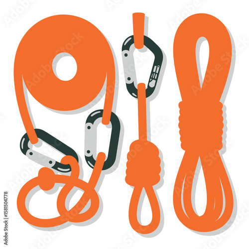 Climbing equipment with rope pulley carabiners and knot on white background