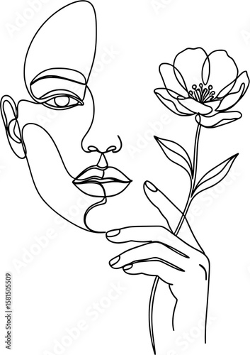 A minimalist, one-line drawing of a woman's face combined with a flower, on a beige background.