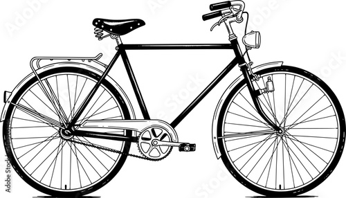 A classic, hand-drawn illustration of a vintage bicycle with a front basket.
