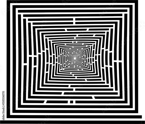 A black and white illustration of a complex, square labyrinth or maze.