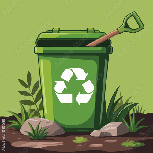 Green recycling bin with a shovel in the dirt surrounded by grass and rocks
