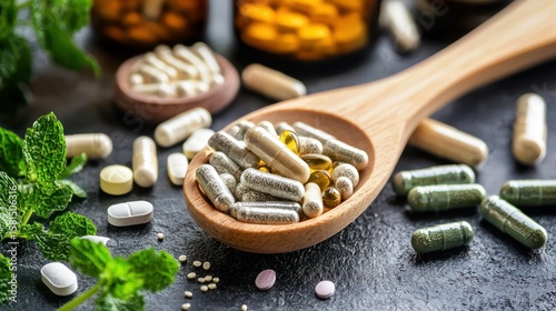 A wooden spoon with various herbal and nutritional supplements on a dark surface.