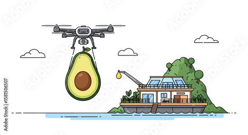 Drone Delivering Large Avocado to Floating House