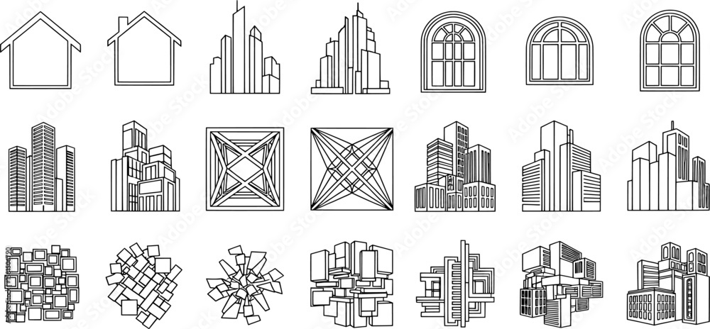 Fototapeta premium A set of simple, black and white icons representing city buildings and houses.