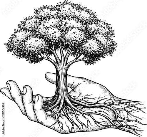 A hand holding a small tree with its roots visible, symbolizing growth and nature.