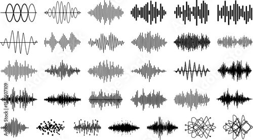 A collection of various black and white illustrations of sound waves and audio waveforms.