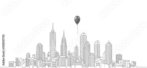 A continuous one-line drawing of the New York City skyline with a single red hot air balloon.