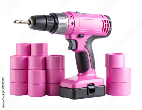  Angled Side View of Pink Cordless Drill with Stacked Pink Cylinders on Clean White Table, Isolated PNG