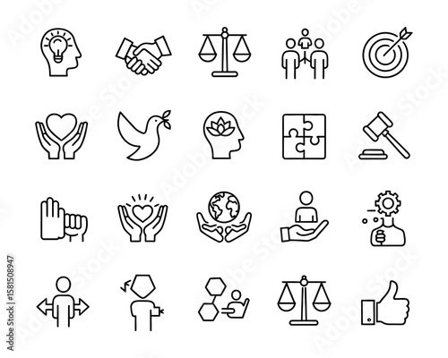 Core Values Vector Icon Set in Adjustable Line Style  Integrity, Empathy, Teamwork, Leadership, Equality, Growth, Ethics, Mindset, Respect