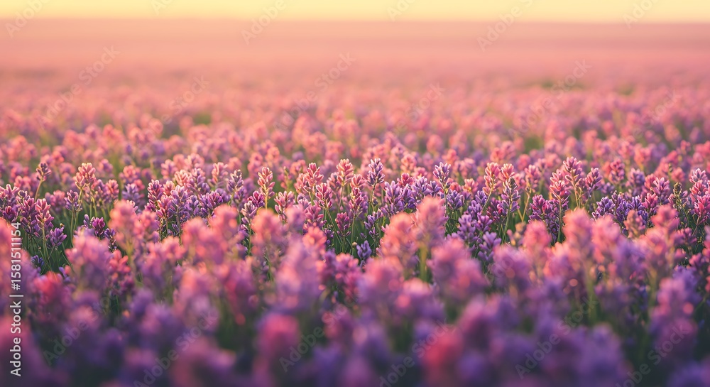 Fototapeta premium Serene sunset illuminates a vast field of vibrant pink and purple wildflowers.