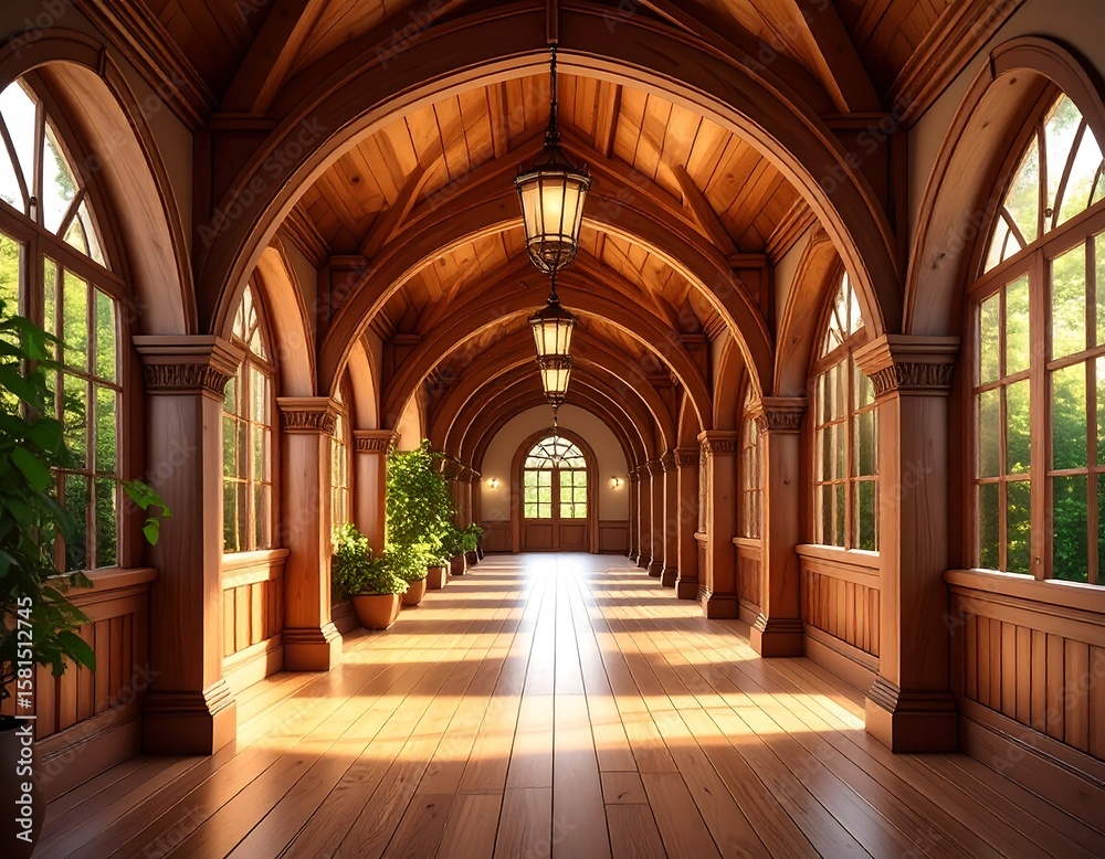 Fototapeta premium Wooden hallway with sunlight